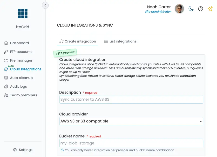 Create ftpGrid cloud integration to AWS S3