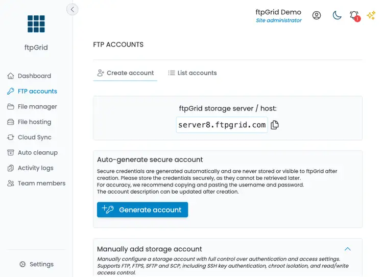 ftpGrid auto generate FTP account