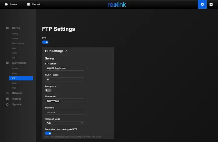 Configure Reolink FTP cloud access