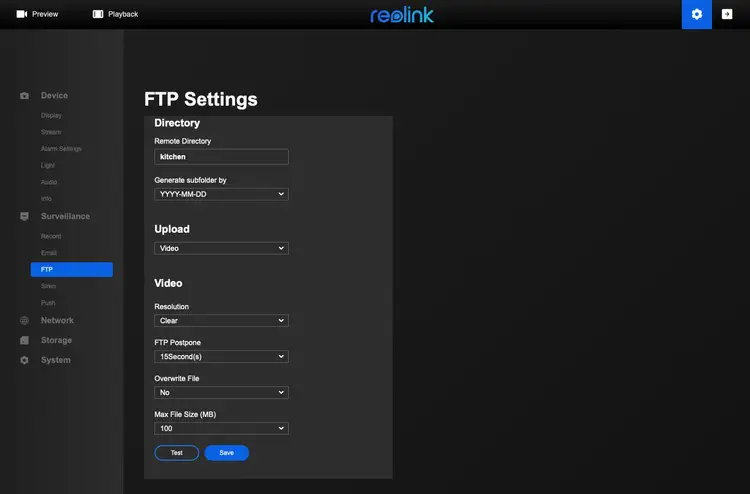 Reolink FTP storage configuration continued
